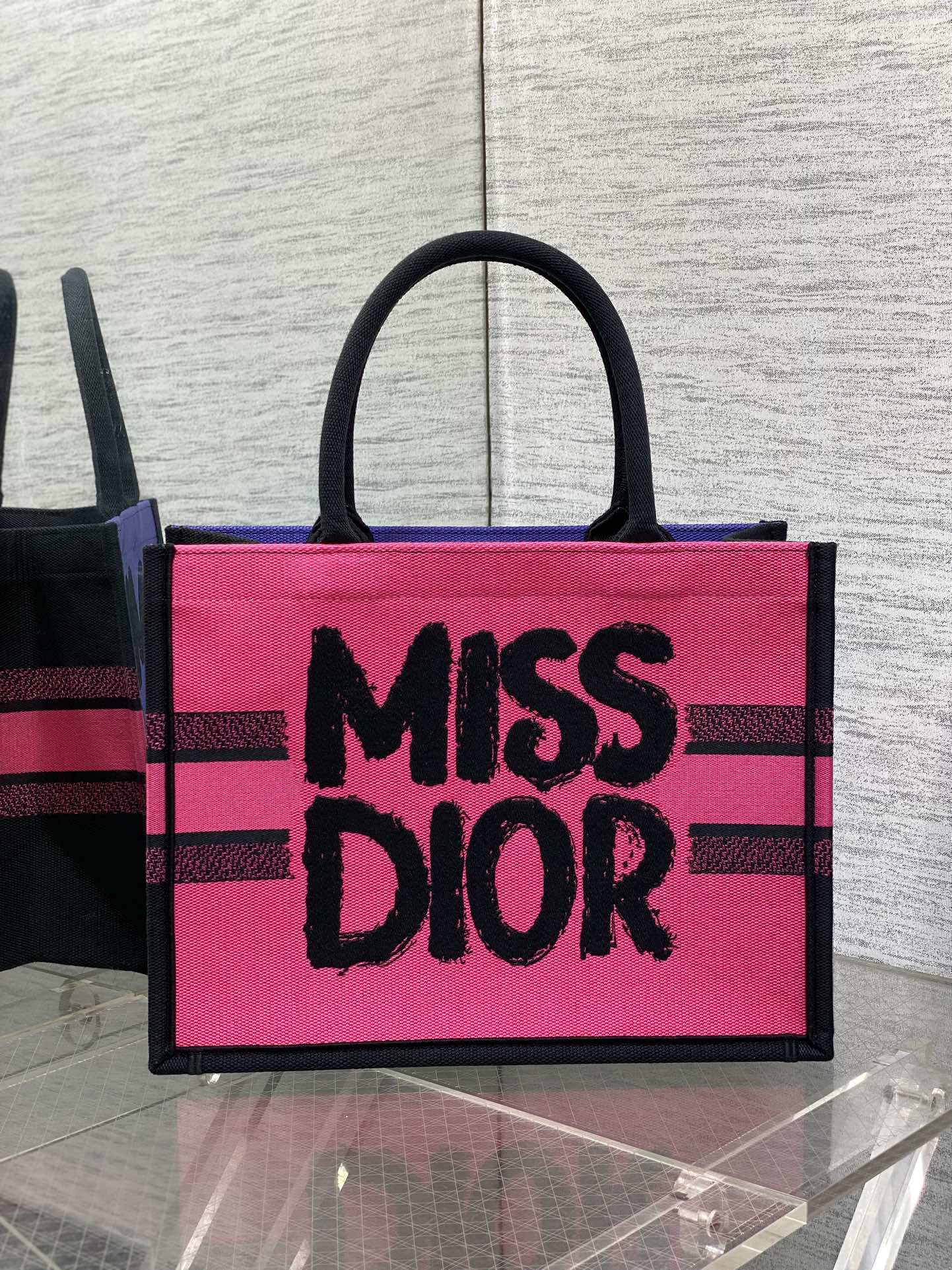 Large Dior Book Tote Bag Two-Tone Fuchsia and Purple Miss Dior Graffiti Embroidery